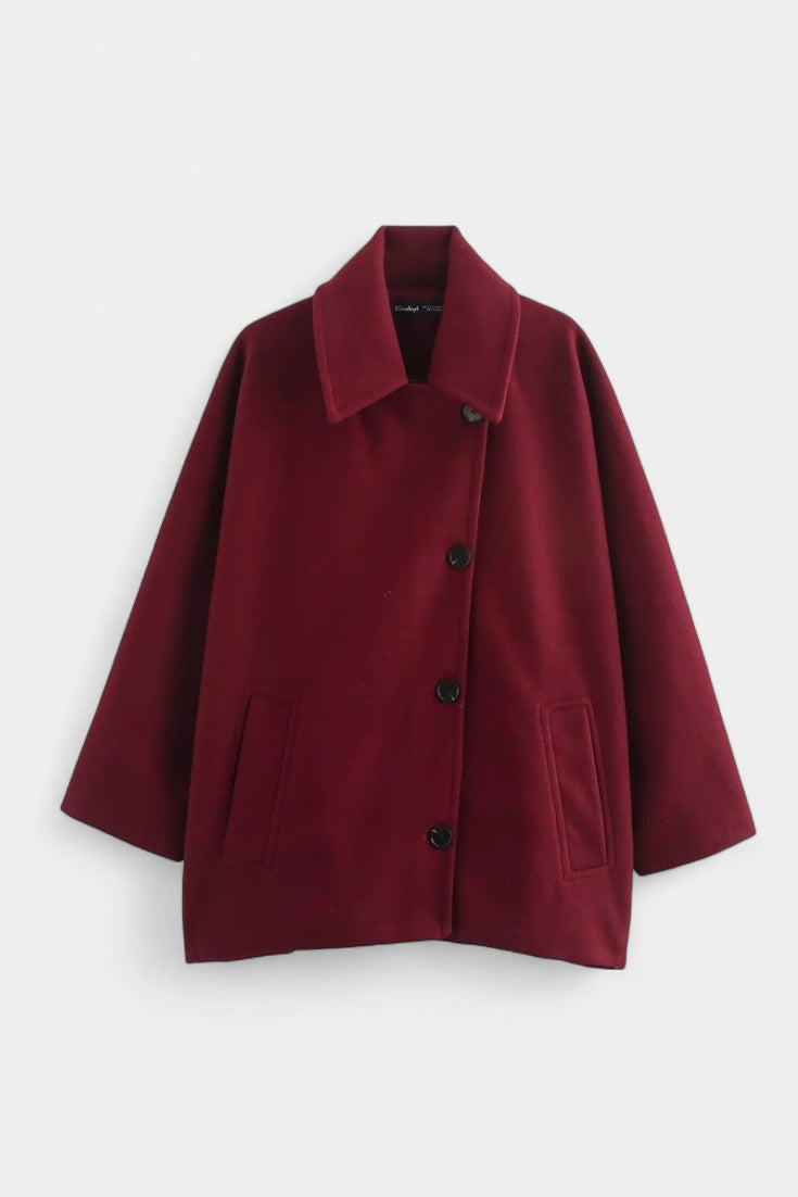 Ambreline Manteau Mi-Long en Laine à Manches Chauve-Souris et Col Revers