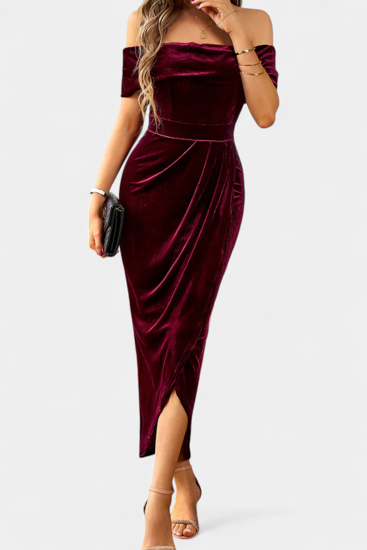 Geneviève Robe Midi en Velours à Épaules Dénudées et Fente Latérale