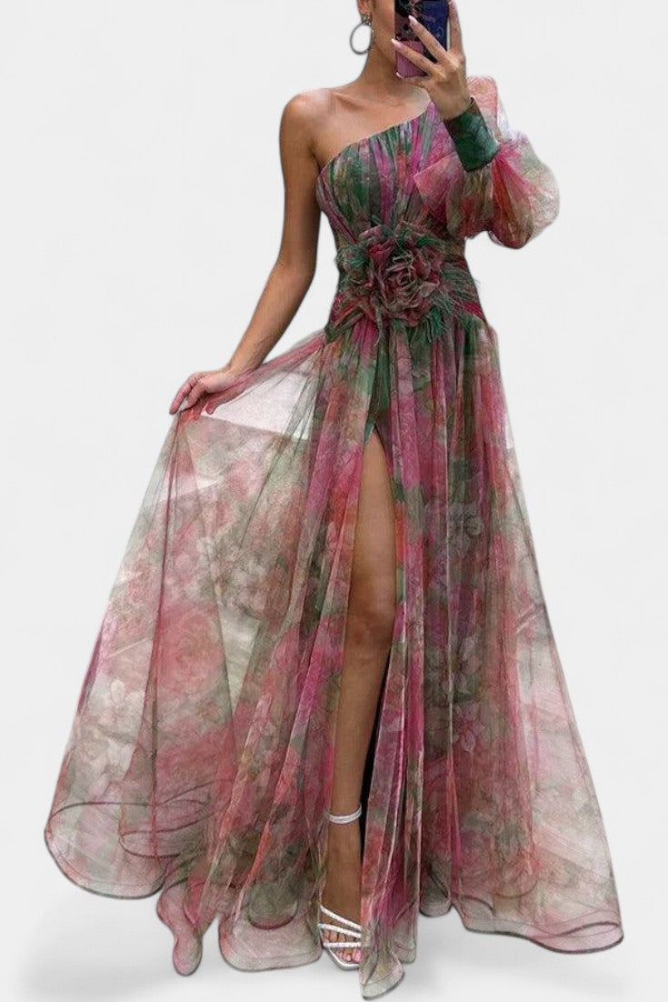 Amelie Robe Asymétrique à Imprimé Aquarelle et Détail Floral