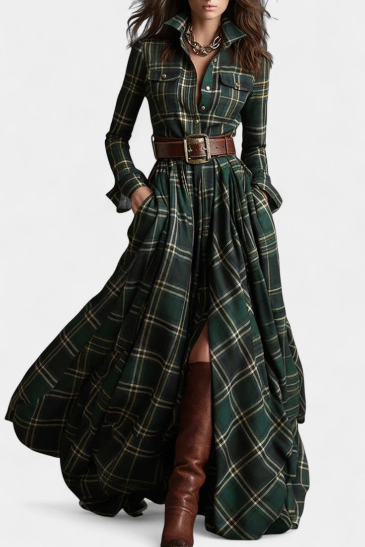 Eustelle Robe Maxi à Carreaux Brun Rougeâtre avec Col