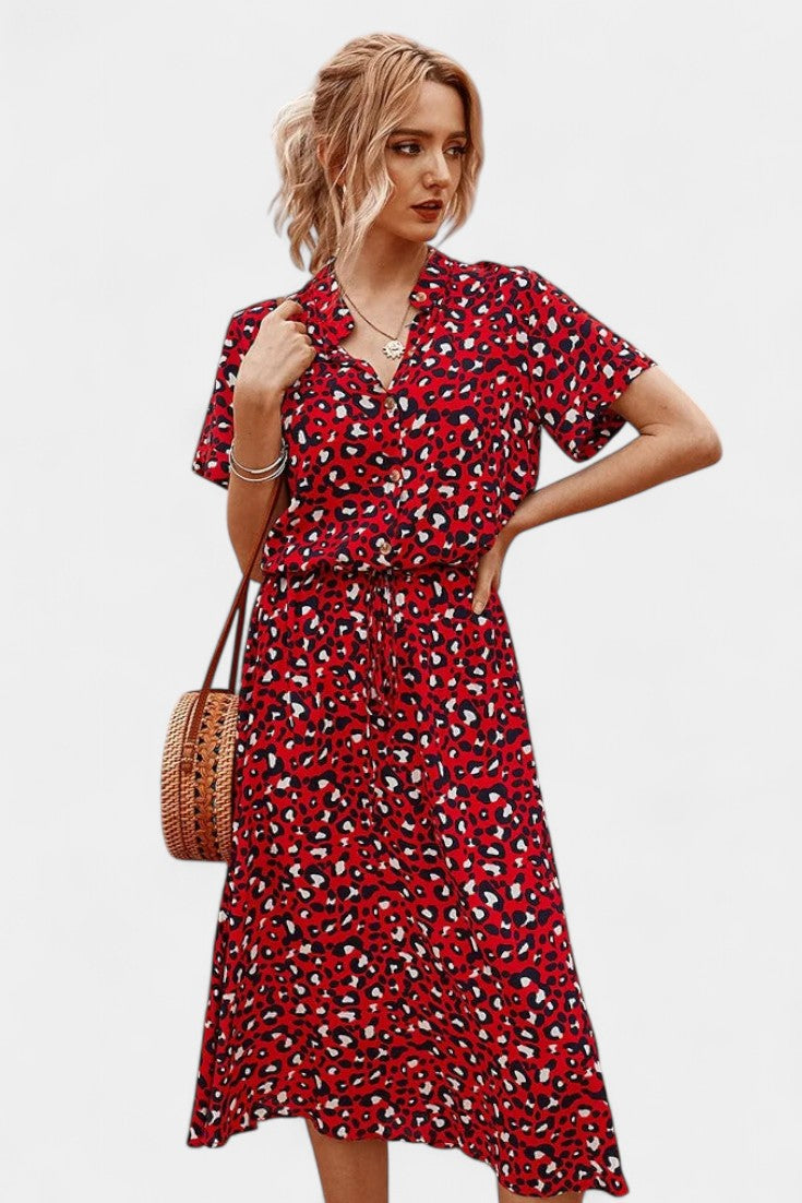 Robe Midi à Pois Rovena avec Col Chemisier et Taille Réglable
